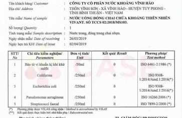 Cập Nhật Kết Quả Kiểm Nghiệm Nước Khoáng Thiên Nhiên Vivant Mới Nhất 2/4/2019