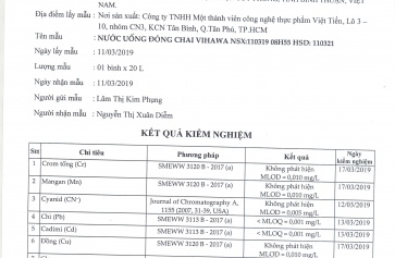 Cập Nhật Kết Quả Kiểm Nghiệm Nước Tinh Khiết Vihawa 20L Mới Nhất Ngày 11/3/2019